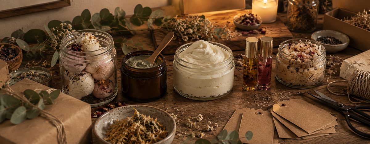 Homemade beauty gifts on a wooden table, featuring bath bombs, clay face mask, whipped body butter, lip oils and sugar scrub with kraft gift tags and natural wrapping materials.