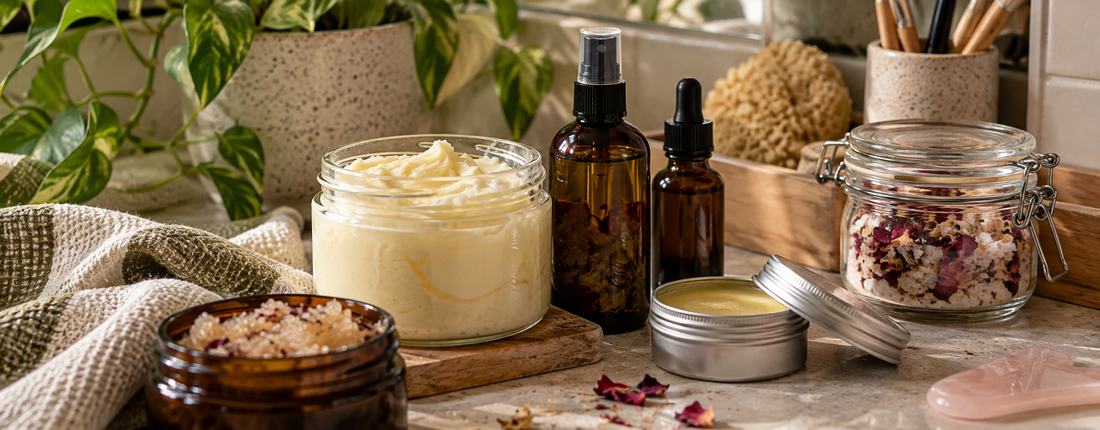 Homemade body butter, scrub, face mask and botanical oils stored in glass jars and amber bottles on a bathroom counter.