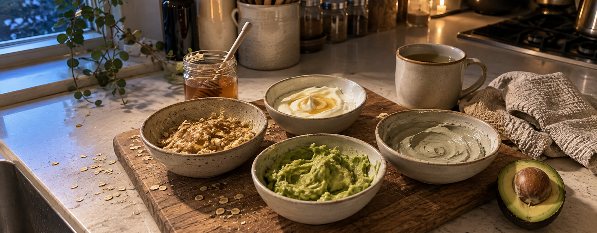 Homemade face masks made with honey, oats, yogurt, avocado and clay on a kitchen counter with natural ingredients.