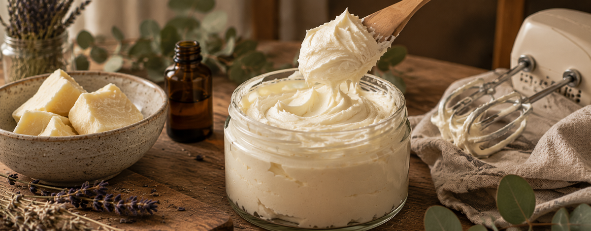 A jar of light, fluffy whipped body butter with a wooden spatula, next to raw shea butter and a hand mixer.